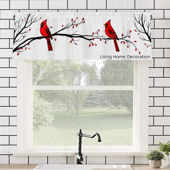 Rod Pocket Polyester kitchen Curtain Valances for Windows With Red Cardinals On Branch Design For Indoor Living Room Bedroom Kitchen Decoration 54x18 inch