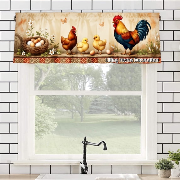 Rod Pocket Polyester kitchen Curtain Valances for Windows With Rooster And Chickens Design For Indoor Living Room Bedroom Kitchen Decoration 54x18 inch