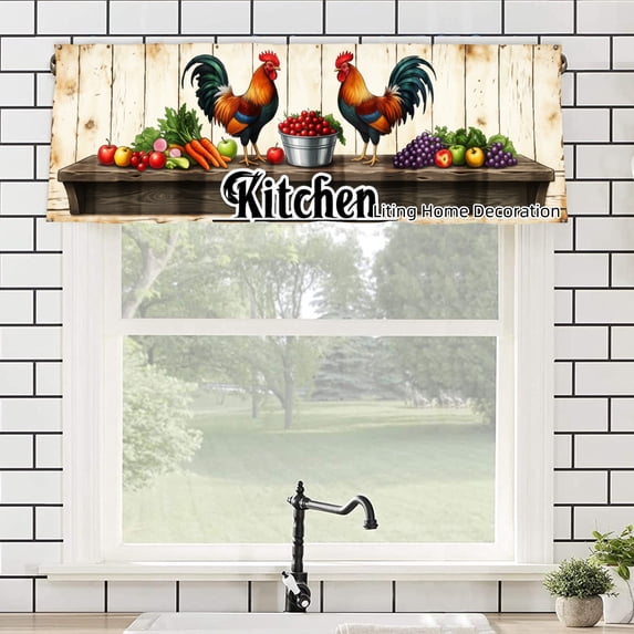 Rod Pocket Polyester kitchen Curtain Valances for Windows With Rooster And Vegetables Design For Indoor Living Room Bedroom Kitchen Decoration 54x18 inch