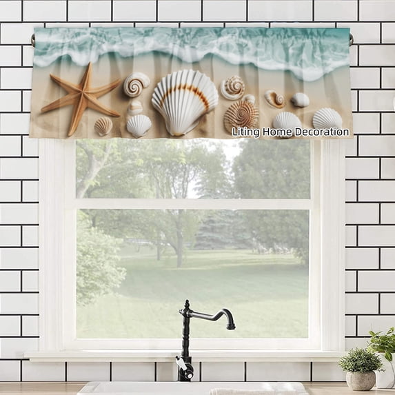 Rod Pocket Polyester kitchen Curtain Valances for Windows With Seashell And Starfish Design For Indoor Living Room Bedroom Kitchen Decoration 54x18 inch