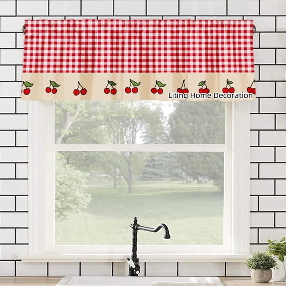 Rod Pocket Polyester kitchen Curtain Valances for Windows Red Gingham Cherry Pattern For Indoor Living Room Bedroom Kitchen Decoration 54x18 inch