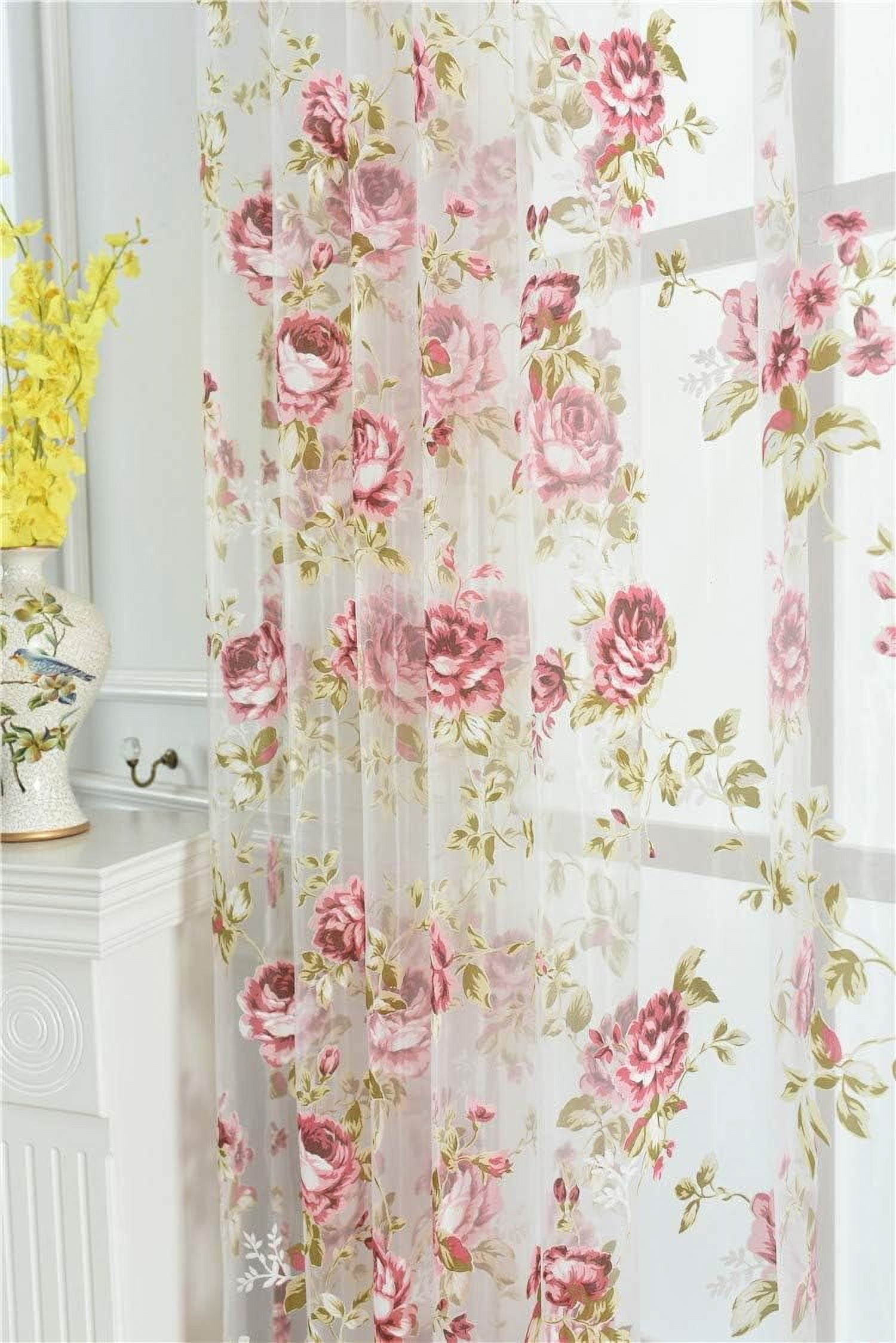Rod Pocket Rose Floral Sheer Voile Curtain, Flower Tulle Transparent ...
