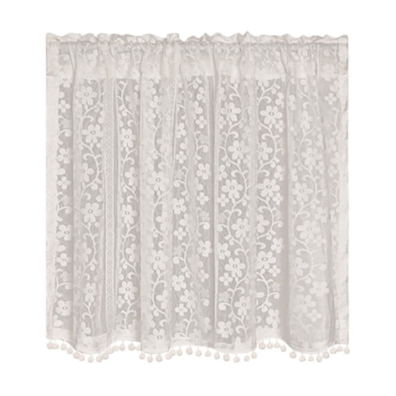 Rod Pocket Semi Sheer Lace Cafe Valance Curtain, Floral Embroidery Tier Short Curtain With Pom Pom Trim, Kitchen Bathroom Window Decor, 39.37 × 23.62 in