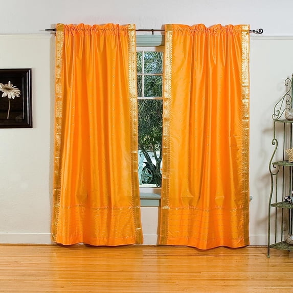 Rod Pocket Sheer Sari Curtains 43" W x 36" L matching tiebacks- Handcrafted Pumpkin Indian Drapes Unlined for light & airy ambience Perfect for Living/Bedroom/Dining Room Sold in Pairs
