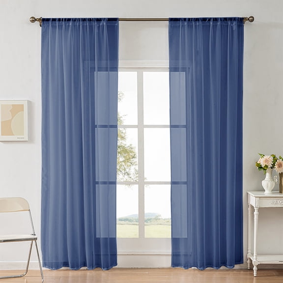 Rod Pocket Sheer Window Curtains - Solid Color Translucent, Lightweight Half-Shading, Easy-Install Living Room Bedroom Drapes, Blue
