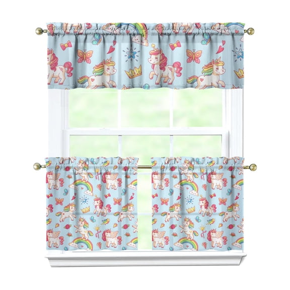 Rod Pocket Unicorn Curtains Set of 3 - White Semi-Sheer Tier Panels with Valance (54x18+27.5x24 Inch), Rainbow Mythical Horse Cartoon Print for Kitchen Small Windows