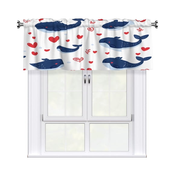 Rod Pocket Valance Curtain 54x18 Inch, Durable Light Filtering Window Topper For Kitchen Bathroom Laundry Studio Blue Valentine Whale Love