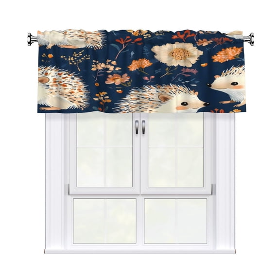 Rod Pocket Valance Curtain 54x18 Inch, Durable Light Filtering Window Topper For Kitchen Bathroom Laundry Studio Cute Hedgehog Flower