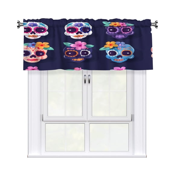 Rod Pocket Valance Curtain 54x18 Inch, Durable Light Filtering Window Topper For Kitchen Bathroom Laundry Studio Festive Cute Sugar Skulls (7)