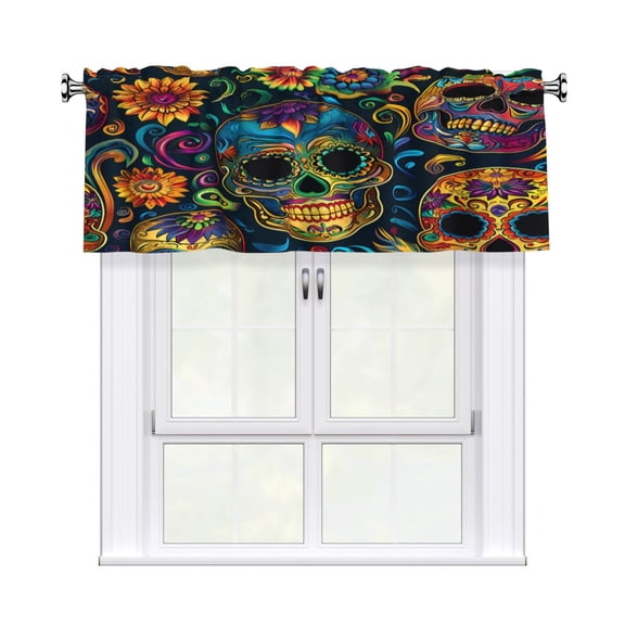 Rod Pocket Valance Curtain 54x18 Inch, Durable Light Filtering Window Topper For Kitchen Bathroom Laundry Studio Festive Sugar Skulls (10)
