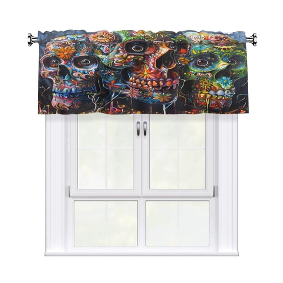 Rod Pocket Valance Curtain 54x18 Inch, Durable Light Filtering Window Topper For Kitchen Bathroom Laundry Studio Festive Sugar Skulls (3)