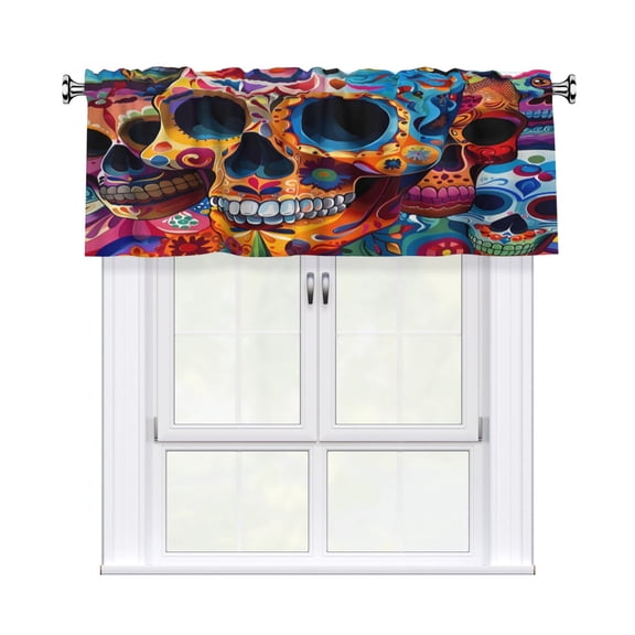Rod Pocket Valance Curtain 54x18 Inch, Durable Light Filtering Window Topper For Kitchen Bathroom Laundry Studio Festive Sugar Skulls (4)