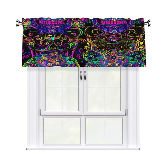 Rod Pocket Valance Curtain 54x18 Inch, Durable Light Filtering Window Topper For Kitchen Bathroom Laundry Studio Festive Sugar Skulls (5)