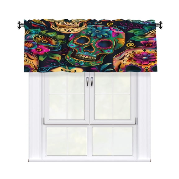 Rod Pocket Valance Curtain 54x18 Inch, Durable Light Filtering Window Topper For Kitchen Bathroom Laundry Studio Festive Sugar Skulls (9)