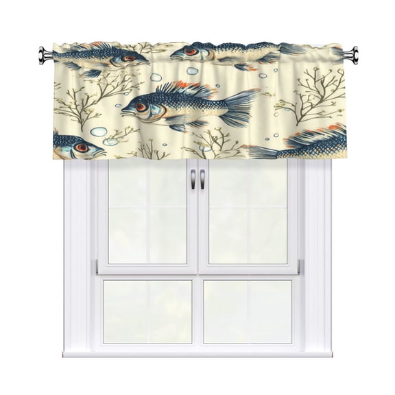 Rod Pocket Valance Curtain 54x18 Inch, Durable Light Filtering Window Topper For Kitchen Bathroom Laundry Studio Fish (22)