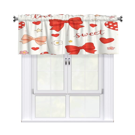 Rod Pocket Valance Curtain 54x18 Inch, Durable Light Filtering Window Topper For Kitchen Bathroom Laundry Studio Sweet Love Bow Heart Beige