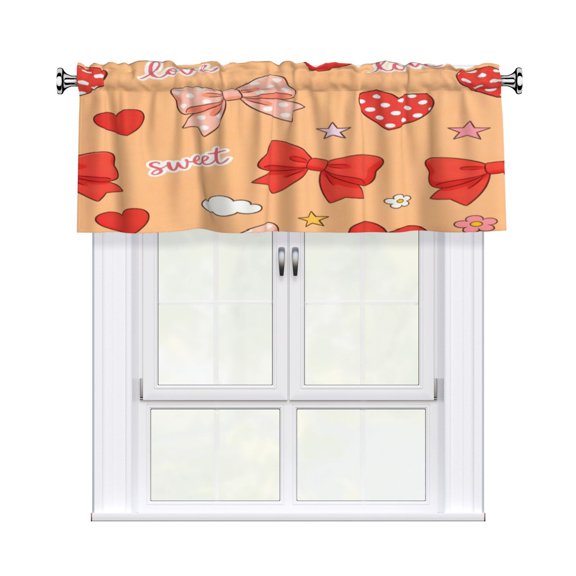 Rod Pocket Valance Curtain 54x18 Inch, Durable Light Filtering Window Topper For Kitchen Bathroom Laundry Studio Sweet Love Bow Heart Orange