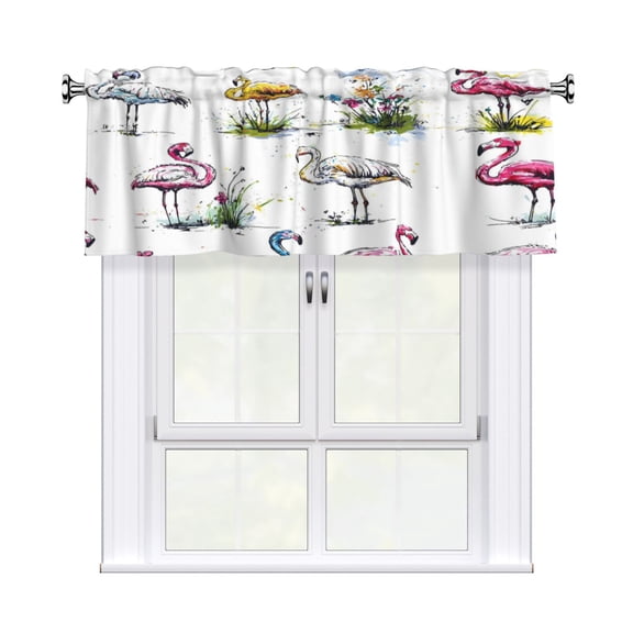 Rod Pocket Valance Curtain 54x18 Inch, Durable Light Filtering Window Topper For Kitchen Bathroom Laundry Studio Watercolor Style Flamingo