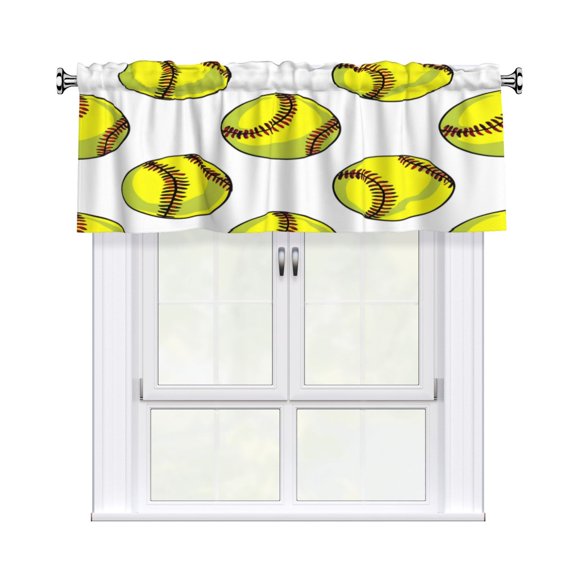 Rod Pocket Valance Curtain 54x18 Inch, Durable Light Filtering Window Topper For Kitchen Bathroom Laundry Studio Yellow Softballs With Red Stitching Clean White Background