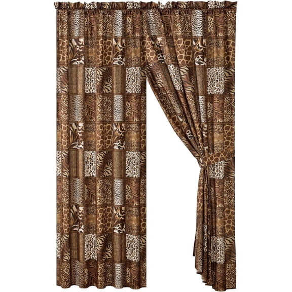 Rod Pocket WPM 4 Piece Jungle Safari Animal Print Window Curtain Set, Chocolate Brown Leopard Zebra Giraffe Print Panels with Tie Backs- Safari Design (Brown)