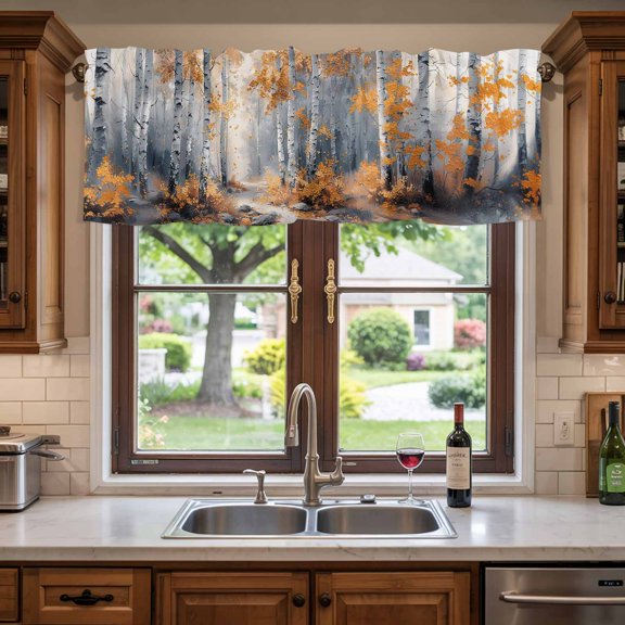 Rod Pocket Window Valances Abstract Autumn Forest Natural Scene Short Kitchen Curtains Oil Painting Art Tree Plant Window Treatment Drapes for Bedroom Bathroom Living Room 42x12in