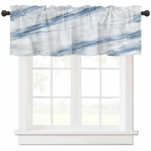 Rod Pocket Window Valances Abstract Blue Gray Marble Texture Short Kitchen Curtains Modern Stone Art Window Treatment Drapes for Bedroom Bathroom Living Room 54x18In,1 Panel