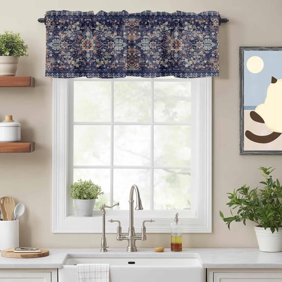 Rod Pocket Window Valances Abstract Ethnic Art Flowers Pattern Short Kitchen Curtains Tribe Geometric Artwork Window Treatment Drapes for Bedroom Bathroom Living Room 54x18In,1 Panel
