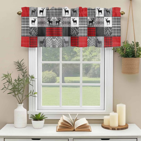 Rod Pocket Window Valances Abstract Geometric Buffalo Plaid Short Kitchen Curtains Forest Deer Animal Silhouette Window Treatment Drapes for Bedroom Bathroom Living Room 42x12in