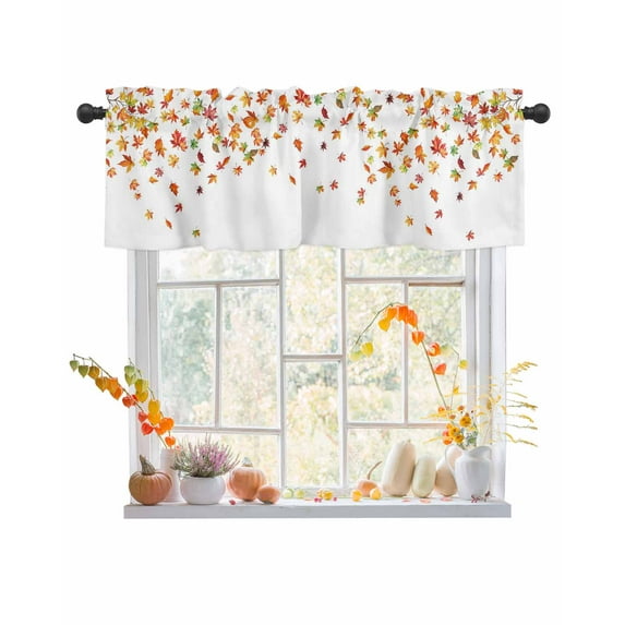 Rod Pocket Window Valances Autumn Orange Falling Maple Leaves Short Kitchen Curtains Watercolor Plant Window Treatment Drapes for Bedroom Bathroom Living Room 54x18In,1 Panel
