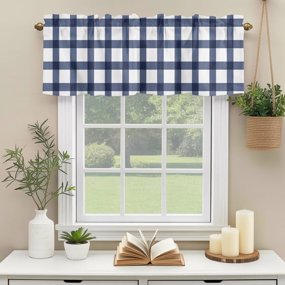 Rod Pocket Window Valances Blue Gingham Check Farm Style Short Kitchen Curtains White Check Plaid Window Treatment Drapes for Bedroom Bathroom Living Room 42x12in