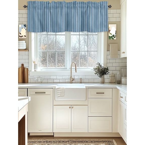 Rod Pocket Window Valances Blue White Vertical Stripes Short Kitchen Curtains Pinstripe Pattern Window Treatment Drapes for Bedroom Bathroom Living Room 42x12in