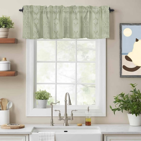 Rod Pocket Window Valances Boho White Stripe on Sage Green Short Kitchen Curtains Farmhouse Minimalist Style Window Treatment Drapes for Bedroom Bathroom Living Room 60x18In,1 Panel