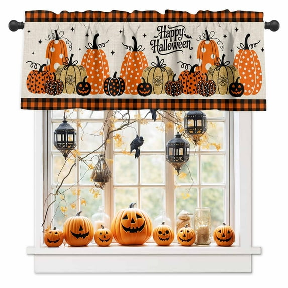 Rod Pocket Window Valances Cartoon Pumpkin Bat Polka Dot on Linen Short Kitchen Curtains Happy Halloween Window Treatment Drapes for Bedroom Bathroom Living Room 54x18In,1 Panel