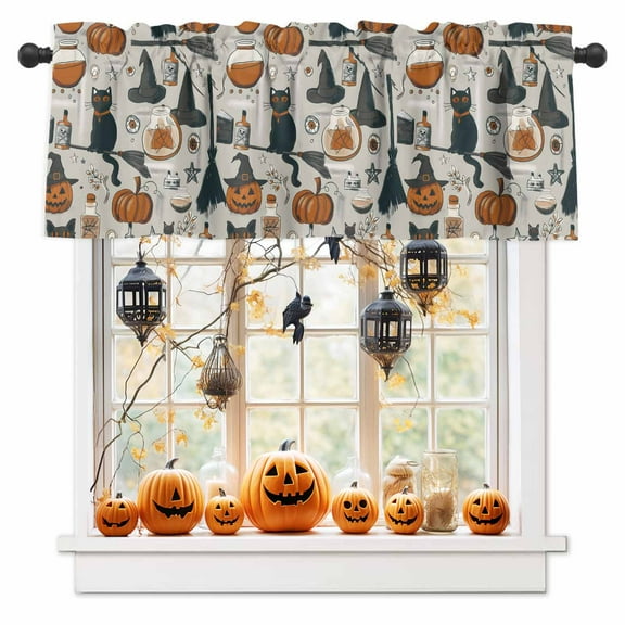 Rod Pocket Window Valances Cartoon Pumpkin Black Cat Broom Witch Hat Short Kitchen Curtains Halloween Window Treatment Drapes for Bedroom Bathroom Living Room 54x18In,1 Panel