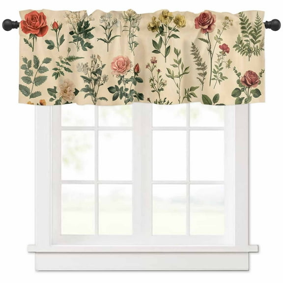 Rod Pocket Window Valances Colorful Flower Green Leaves on Vintage Short Kitchen Curtains Abstract Floral Window Treatment Drapes for Bedroom Bathroom Living Room 54x18In,1 Panel