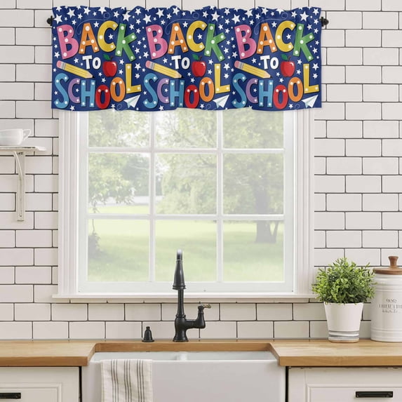 Rod Pocket Window Valances Colorful Word Pencil Stars Navy Blue Short Kitchen Curtains Back to School Season Window Treatment Drapes for Bedroom Bathroom Living Room 42x12In,1 Panel
