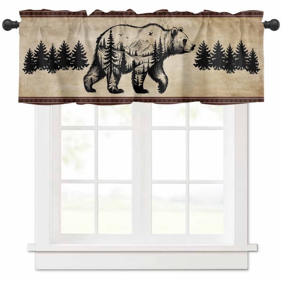 Rod Pocket Window Valances Country Black Brown Bear Forest Short Kitchen Curtains Rustic Wildlife Woodland Window Treatment Drapes for Bedroom Bathroom Living Room 54x18In,1 Panel