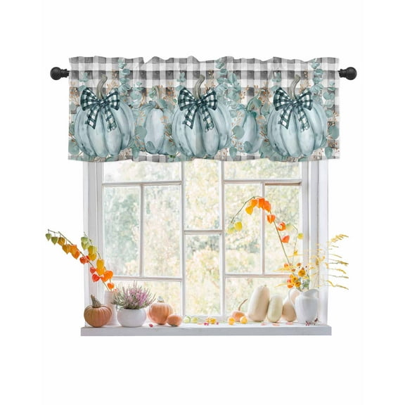 Rod Pocket Window Valances Fall Thanksgiving Blue Pumpkin Botanical Short Kitchen Curtains Eucalyptus Leaf on Plaid Window Treatment Drapes for Bedroom Bathroom Living Room 54x18In,1 Panel