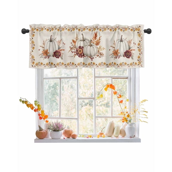 Rod Pocket Window Valances Farm Fall Pumpkin Rural Plant Short Kitchen Curtains Autumn Maple Leaf Border Window Treatment Drapes for Bedroom Bathroom Living Room 54x18In,1 Panel
