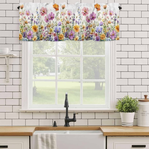Rod Pocket Window Valances Farm Watercolor Floral Plant Short Kitchen Curtains Wildflower Country Style Window Treatment Drapes for Bedroom Bathroom Living Room 42x12In,1 Panel