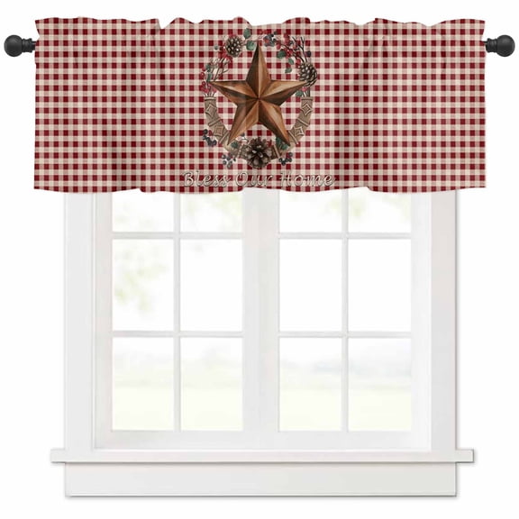 Rod Pocket Window Valances Farmhouse Brown Country Star Berry on Vintage Short Kitchen Curtains Red Plaid Window Treatment Drapes for Bedroom Bathroom Living Room 54x18In,1 Panel