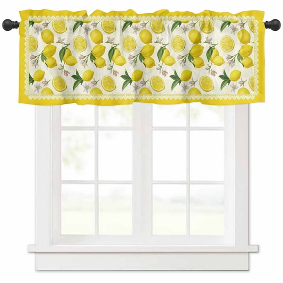 Rod Pocket Window Valances Farmhouse Lemon Pink Flower on Yellow Short Kitchen Curtains Summer Fruit Window Treatment Drapes for Bedroom Bathroom Living Room 54x18In,1 Panel