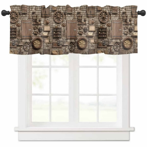 Rod Pocket Window Valances Farmhouse Rustic Wooden Door Short Kitchen Curtains Vintage Medieval Window Treatment Drapes for Bedroom Bathroom Living Room 54x18In,1 Panel