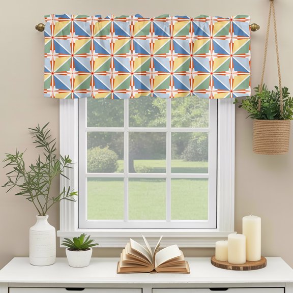 Rod Pocket Window Valances Geometric Diamond Traditional Pattern Short Kitchen Curtains Simplistic Grid Art Window Treatment Drapes for Bedroom Bathroom Living Room 54x18in