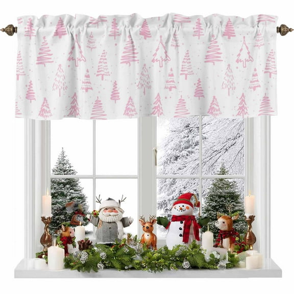 Rod Pocket Window Valances Graffiti Christmas Tree Short Kitchen Curtains Pink and White Window Treatment Drapes for Bedroom Bathroom Living Room 54x18In,1 Panel