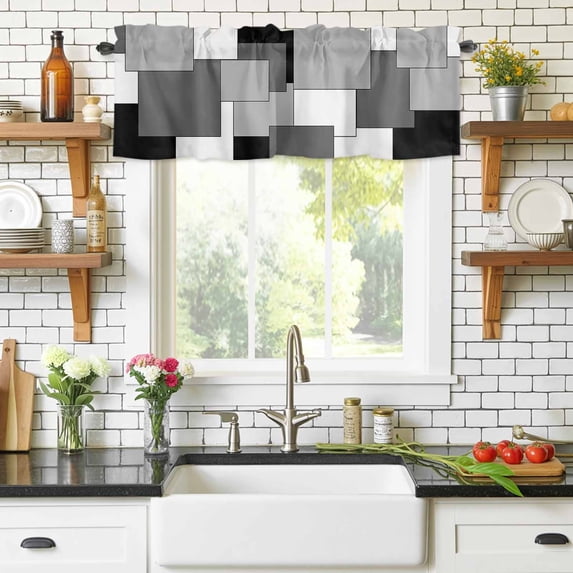 Rod Pocket Window Valances Grey Art Color Block Geometry Grid Short Kitchen Curtains Abstract Window Treatment Drapes for Bedroom Bathroom Living Room 56x16In,1 Panel