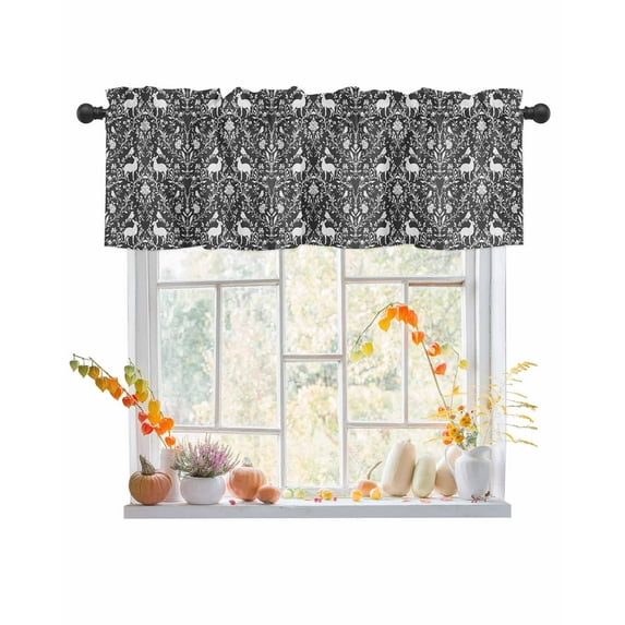 Rod Pocket Window Valances Grey Boho Reindeer Middle Century Short Kitchen Curtains Vintage Plant Window Treatment Drapes for Bedroom Bathroom Living Room 42x12In,1 Panel