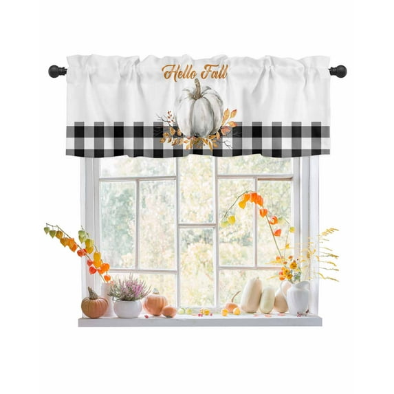 Rod Pocket Window Valances Hello Fall Watercolor Pumpkins Short Kitchen Curtains Farm Fruit Buffalo Check Window Treatment Drapes for Bedroom Bathroom Living Room 42x12In,1 Panel