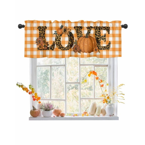 Rod Pocket Window Valances LOVE Leopard Print Autumn Sunflower Pumpkin Short Kitchen Curtains Orange Plaid Window Treatment Drapes for Bedroom Bathroom Living Room 54x18In,1 Panel
