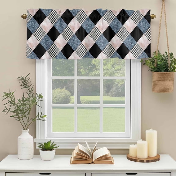 Rod Pocket Window Valances Leopard Patchwork Quilt Buffalo Plaid Short Kitchen Curtains Geometric Squares Window Treatment Drapes for Bedroom Bathroom Living Room 42x12in